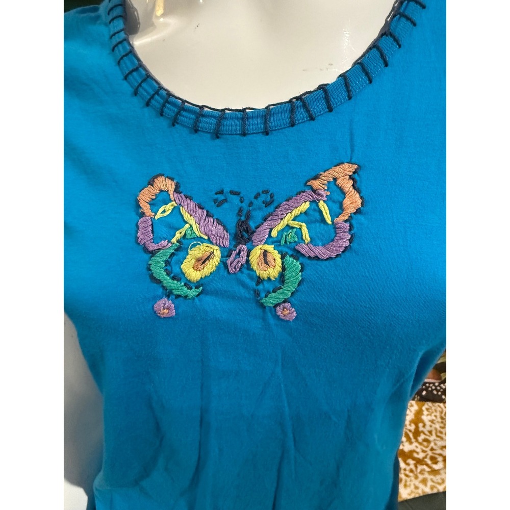 KIKIT Blue 100 %Cotton Embroidered Butterfly T-Shirt Short Sleeve Boho Scoop